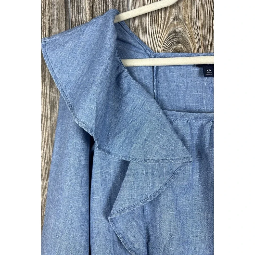 J. Crew Chambray Ruffle Square Neck Blouse XS Beach Coastal Romantic Cottagecore